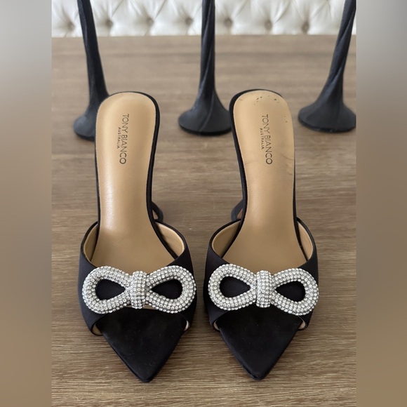 Tony Bianco Montana Mule Black Satin Open Pointed Toe Crystal Bow size 5 - Picture 3 of 8